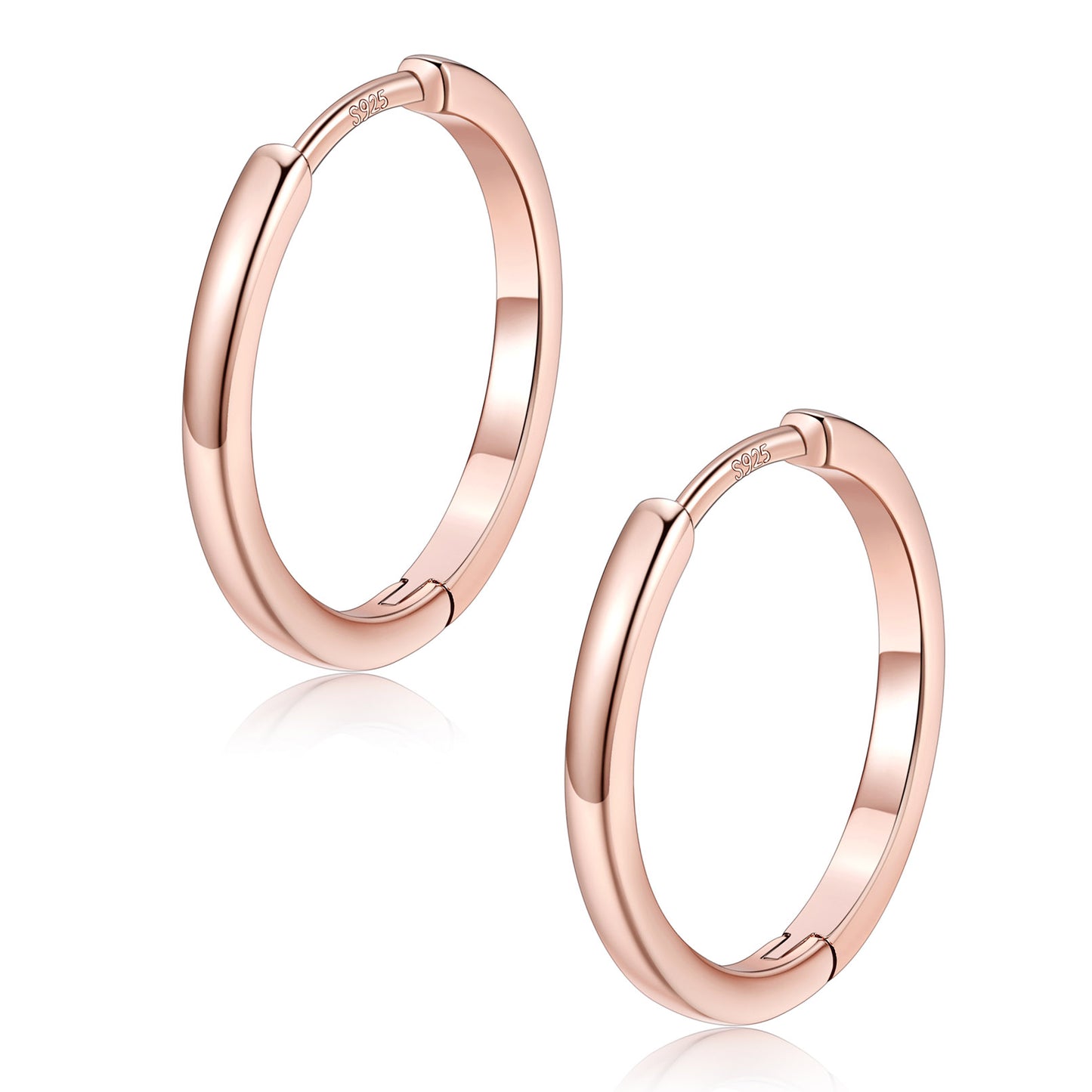 Rose Gold huggie earrings on a white background 16mm 