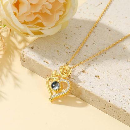 Rose Heart Photo Projection Necklace in gold plated