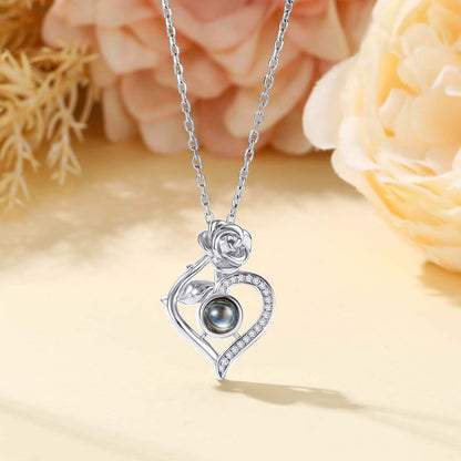 Rose Heart Photo Projection Necklace in stainless steel