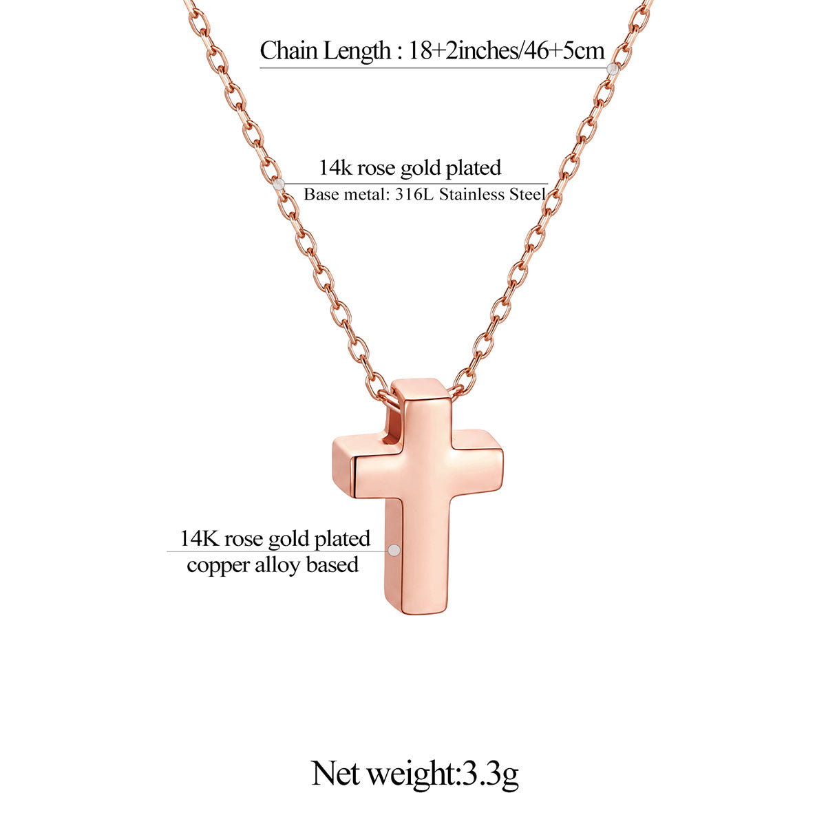 Rose gold cross necklace with chain details on a white background