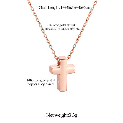 Rose gold cross necklace with chain details on a white background