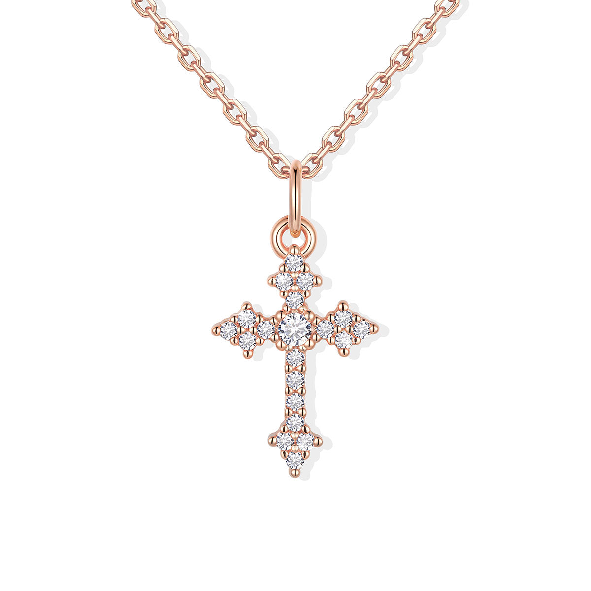 Rose gold cross necklace with diamonds on a white background