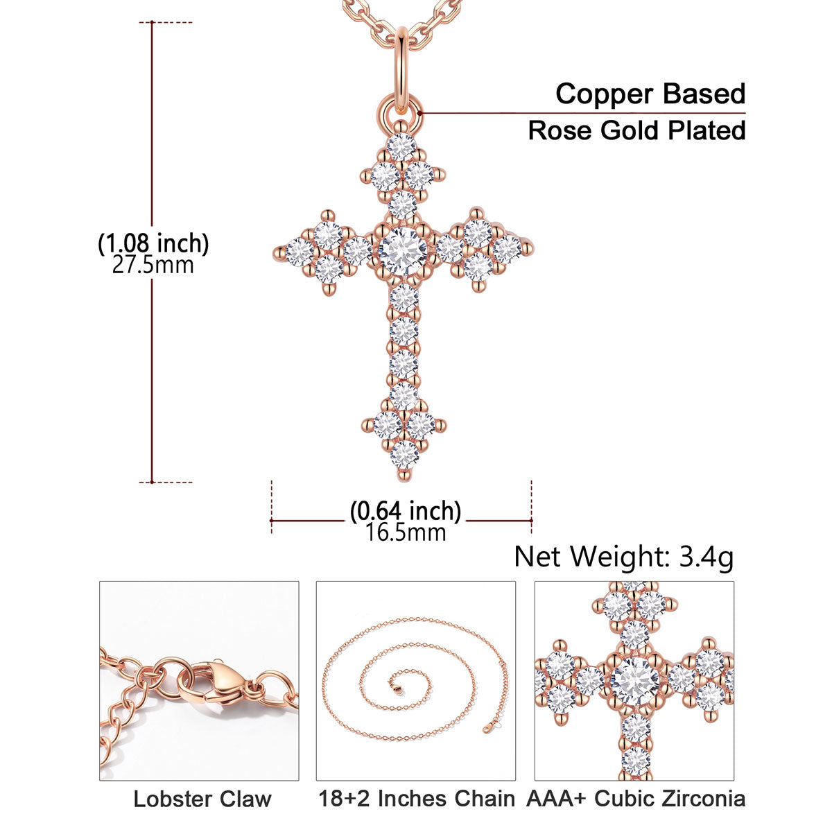 Rose gold cross pendant necklace with measurements and details on a white background