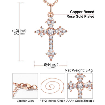 Rose gold cross pendant necklace with measurements and details on a white background