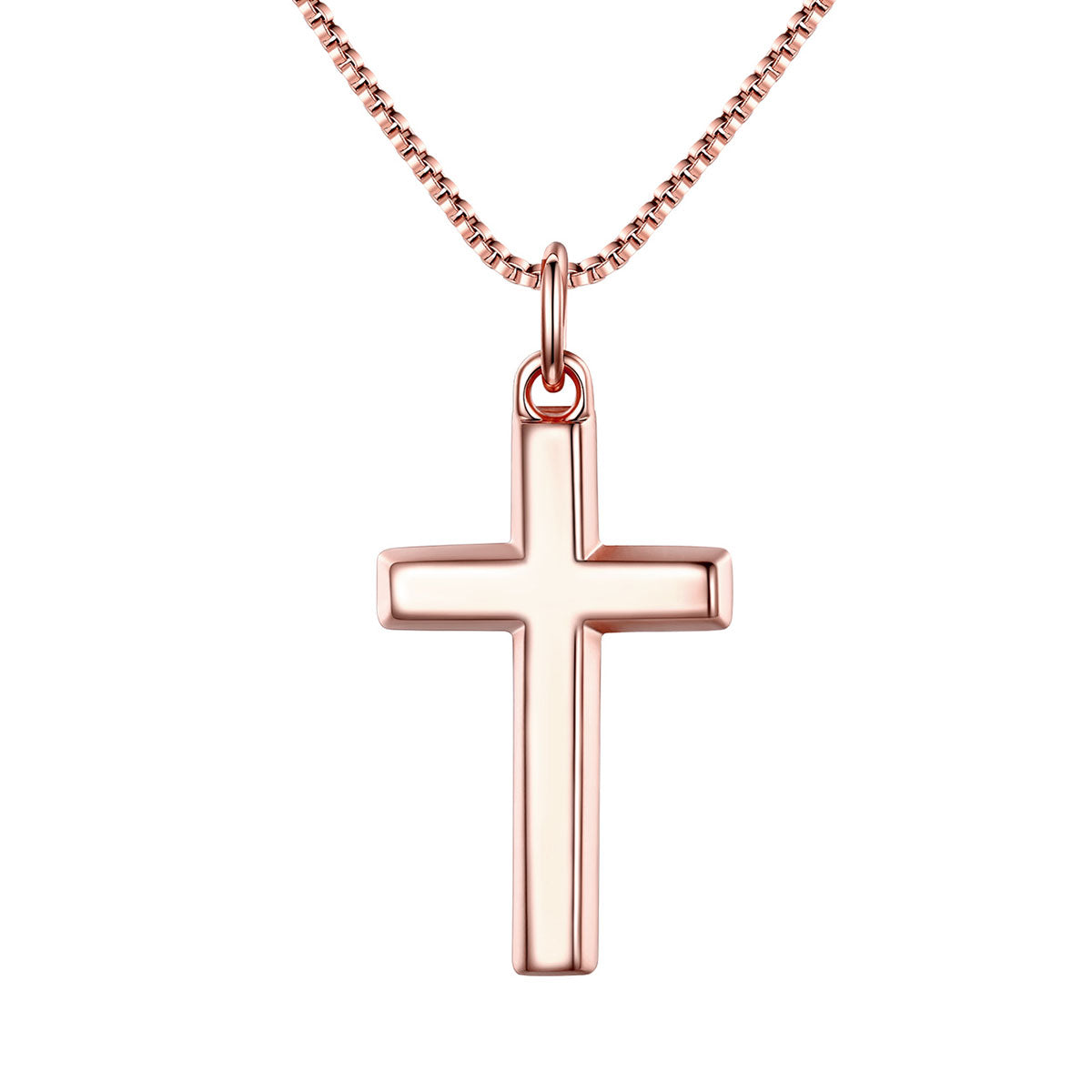 Rose gold cross pendant on a chain against a white background Medium Size