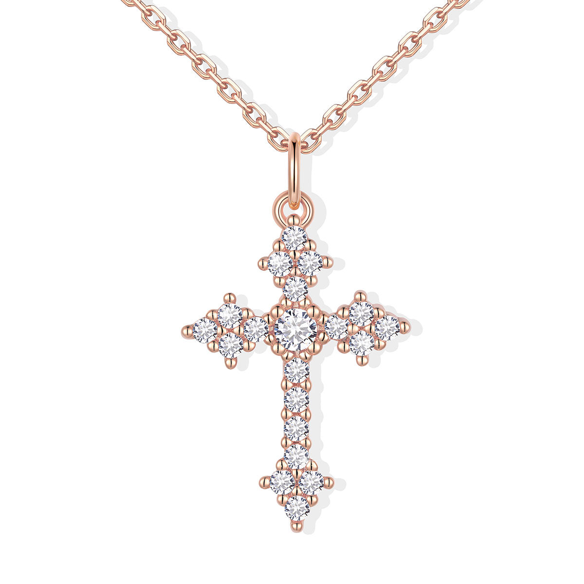 Rose gold cross pendant with diamonds on a white background
