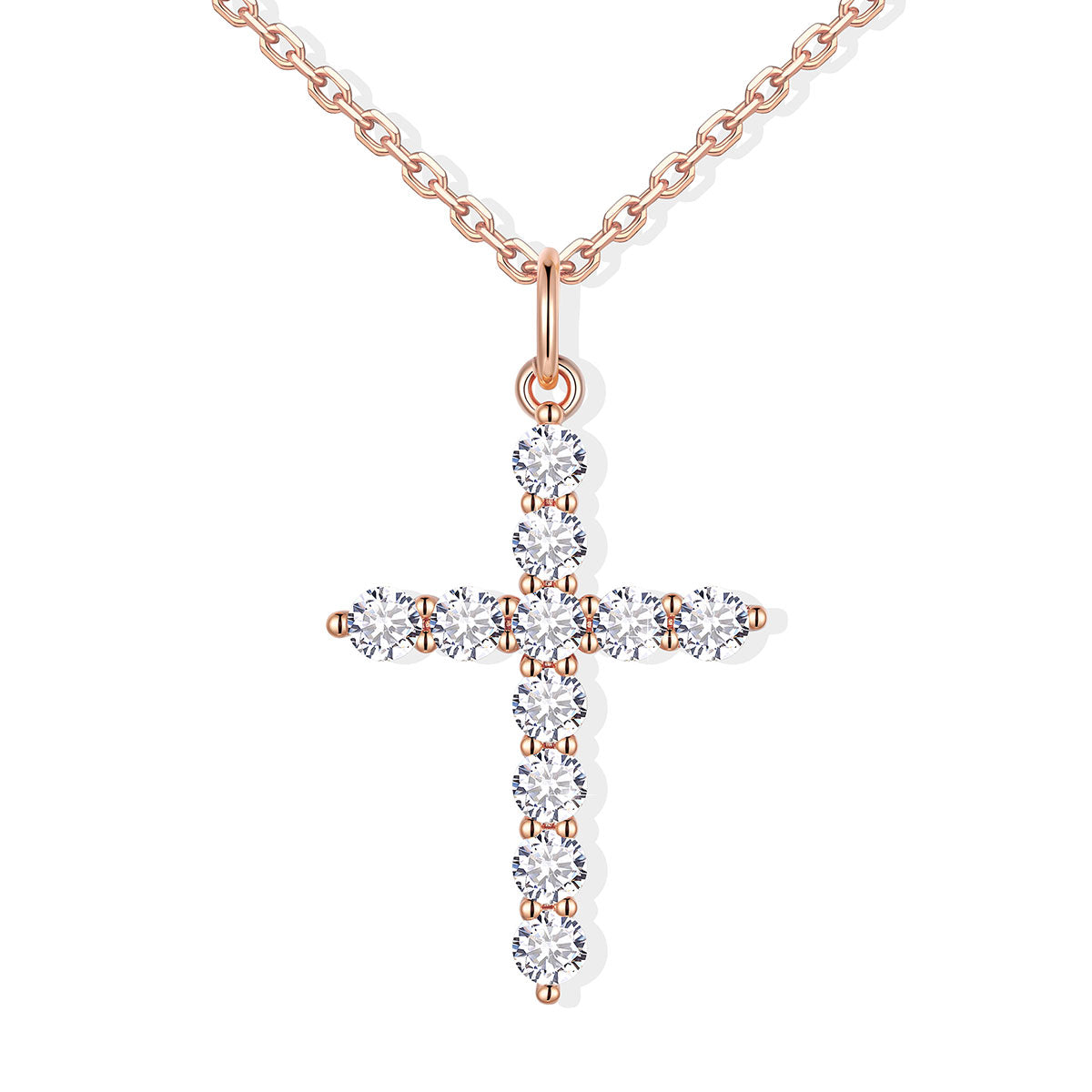 Rose gold cz cross necklace with diamonds on a white background