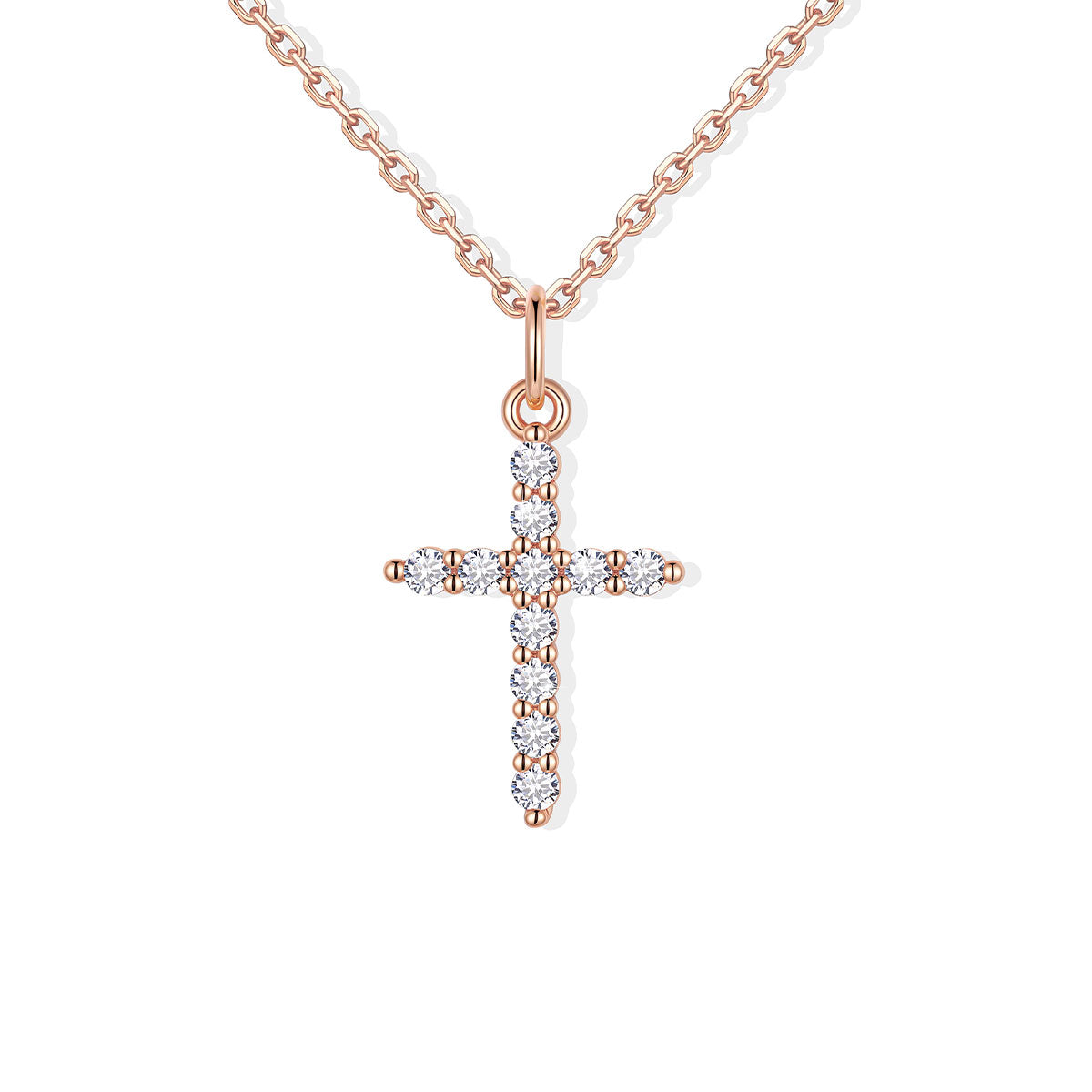 Rose gold cz cross pendant necklace on a white background