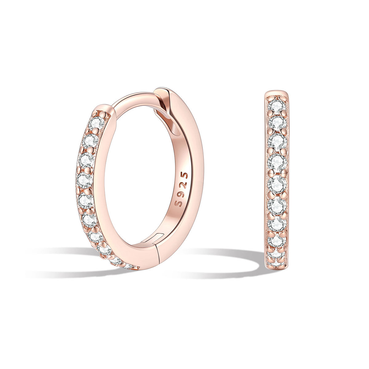 Rose gold cz hoop earrings with diamonds on a white background