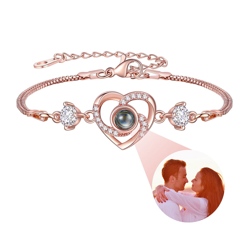Rose gold heart projection bracelet with heart design and pearl, inset with couple photo