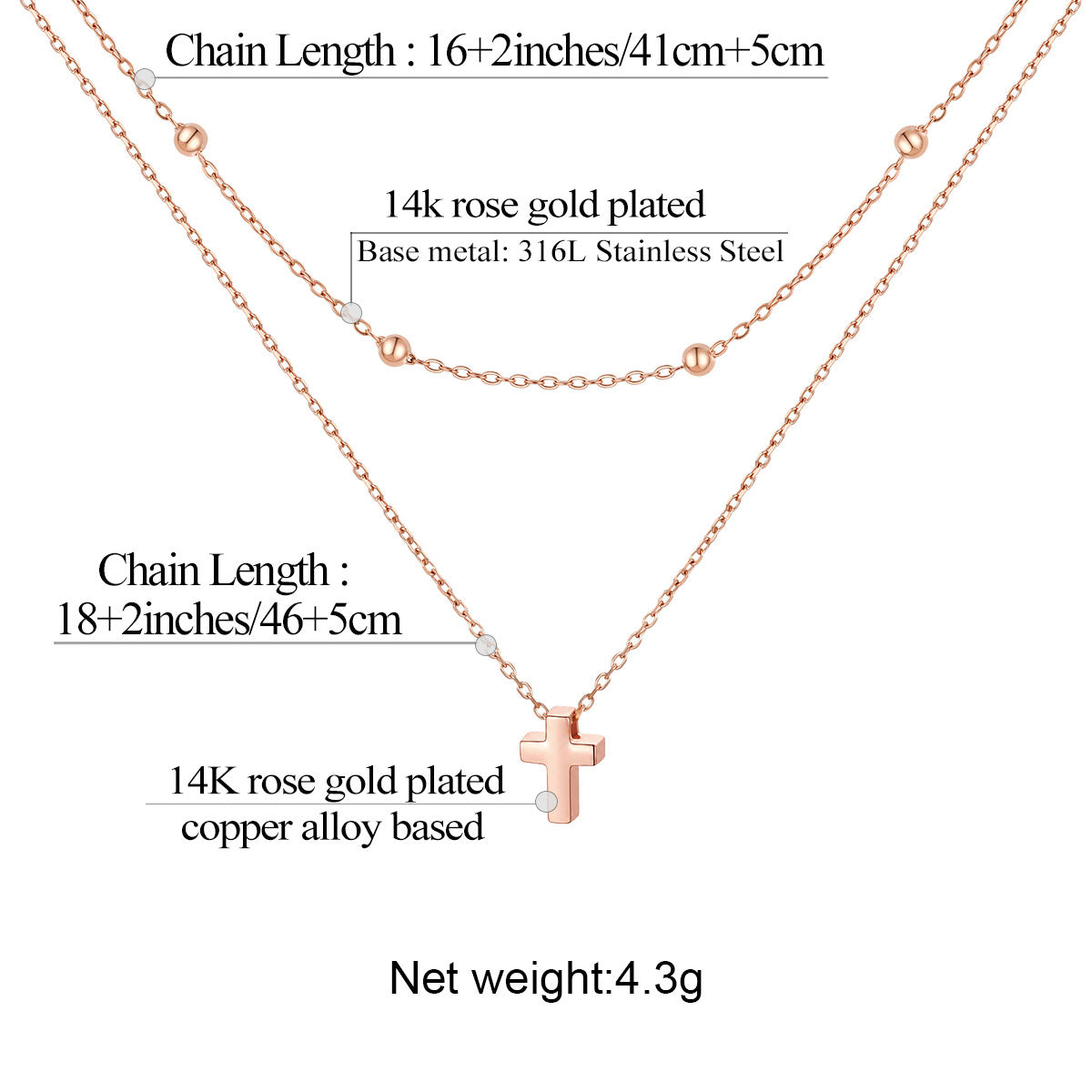 Rose gold laytered cross necklace with cross pendant and chain length details on a white background