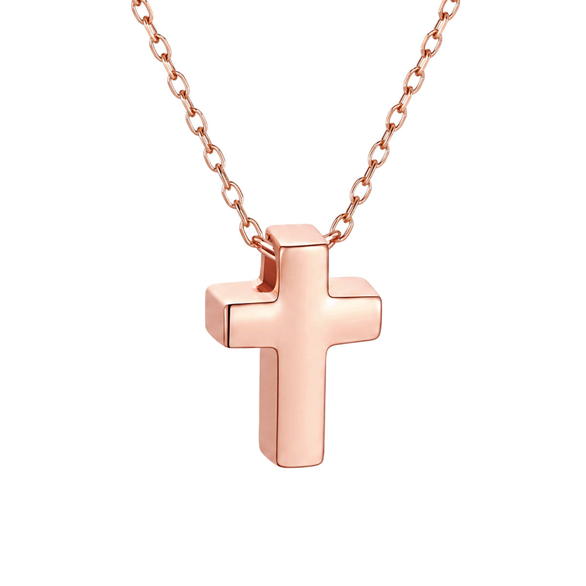Rose gold cross necklace on a white background