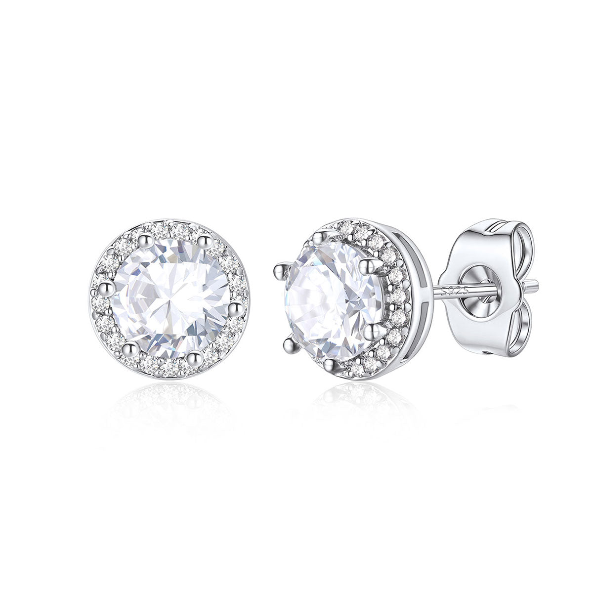 Round Cubic Zirconia Halo Stud Earrings for Men Women on a white background 1ct