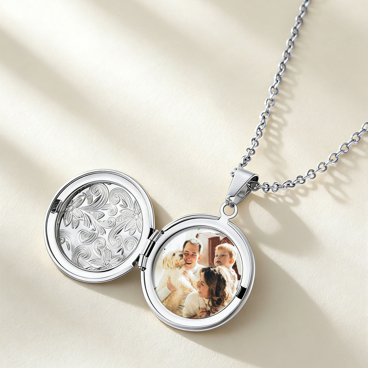 Round Photo Locket Necklace with Flowers