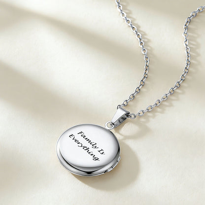 Round Photo Locket Necklace with Flowers Backside engraved