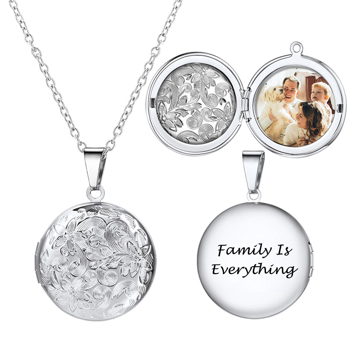 Round Photo Locket Necklace with Flowers steel