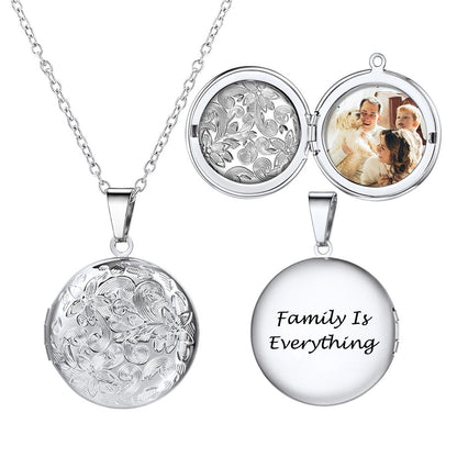 Round Photo Locket Necklace with Flowers steel