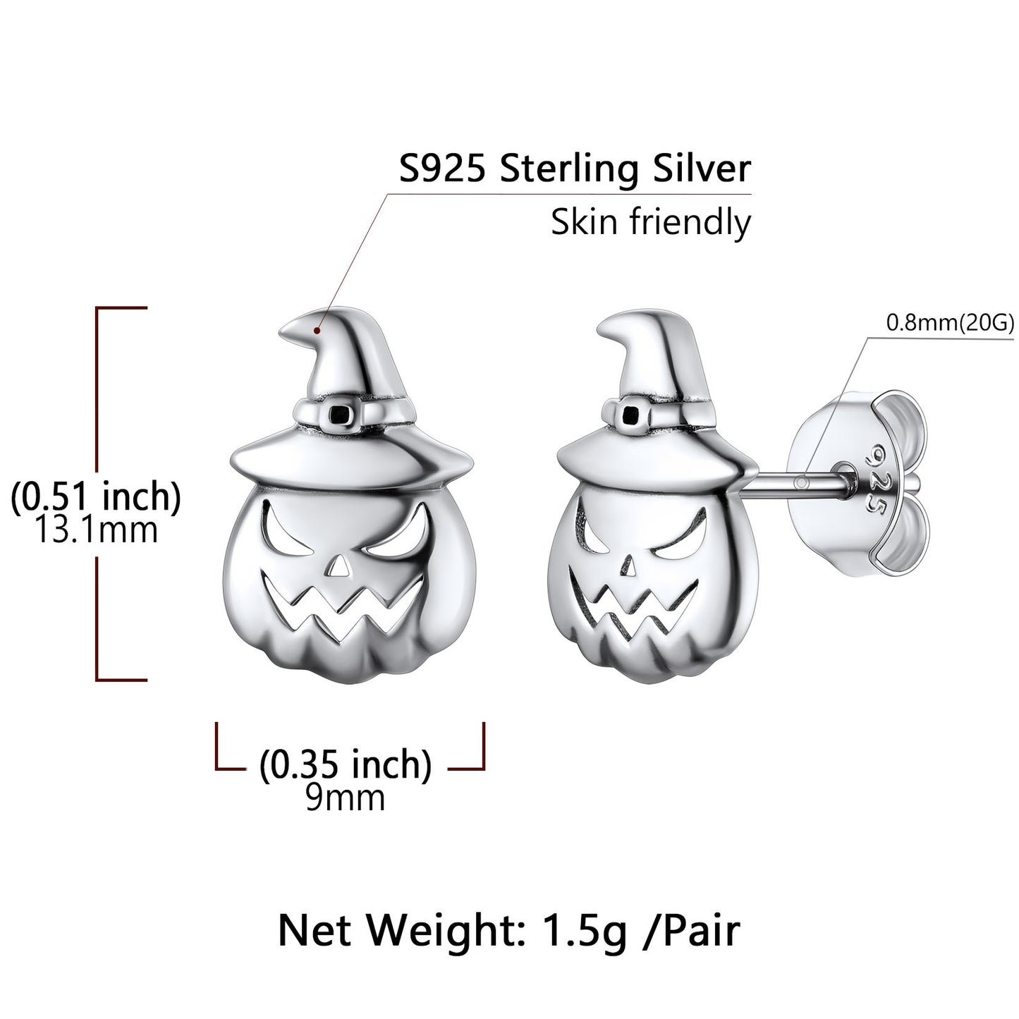 S925 Silver Skull of Jack Stud Earrings: Dimension, Hypoallergenic