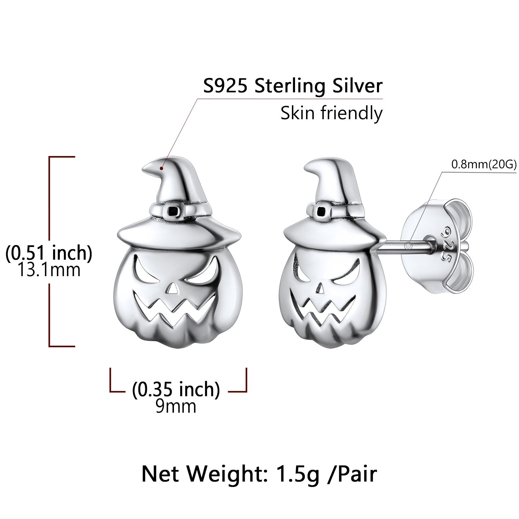 S925 Silver Skull of Jack Stud Earrings: Dimension, Hypoallergenic