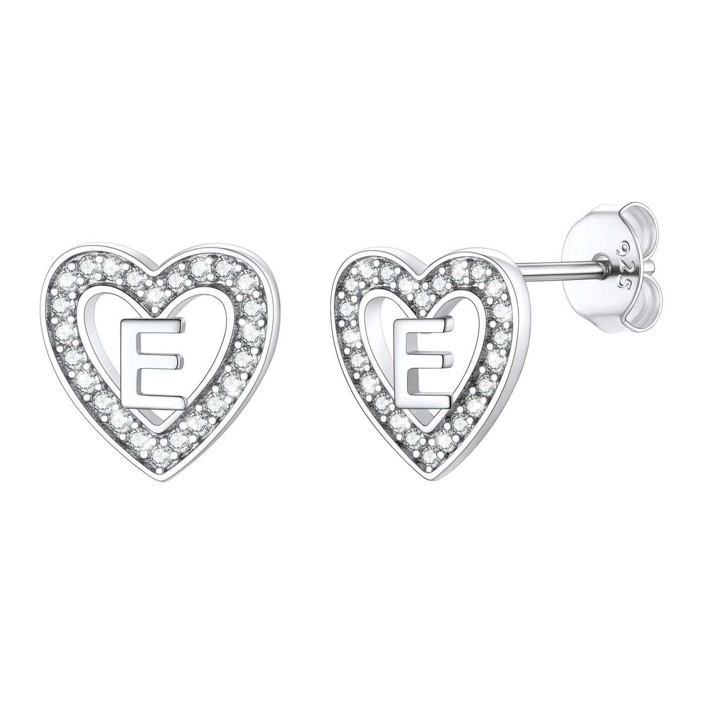 Boucles d'oreilles à tige en argent sterling avec lettre initiale et cœur en zircone cubique