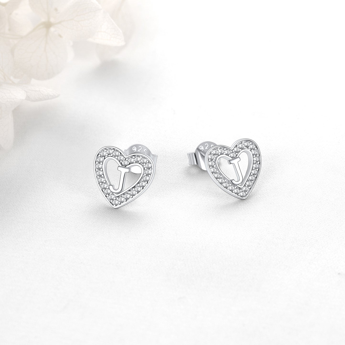 Sterling Silver Letter Initial Heart Cubic Zirconia Stud Earrings