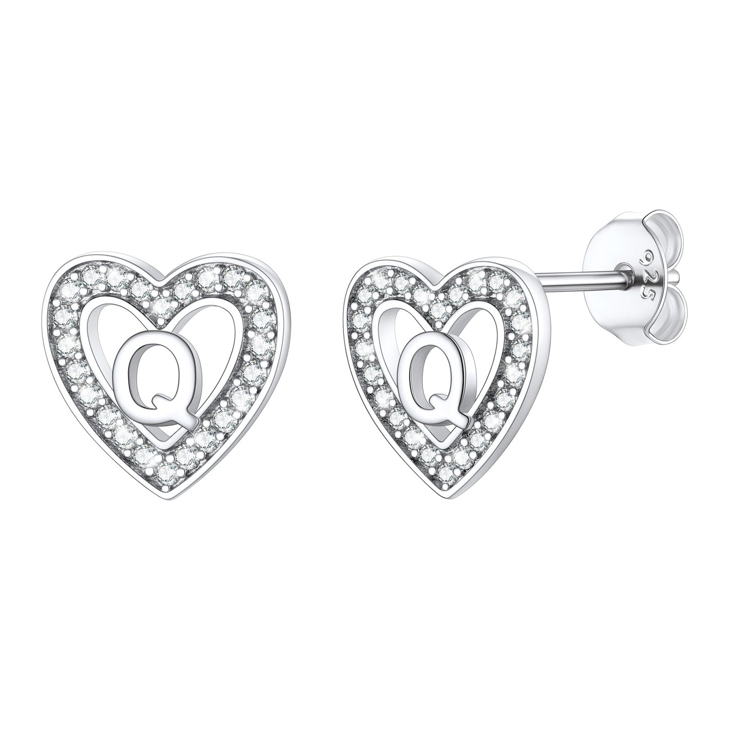 Sterling Silver Letter Initial Heart Cubic Zirconia Stud Earrings