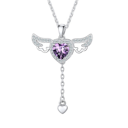 Sterling Silver Cupid Heart Birthstone Necklace With Angel Wings