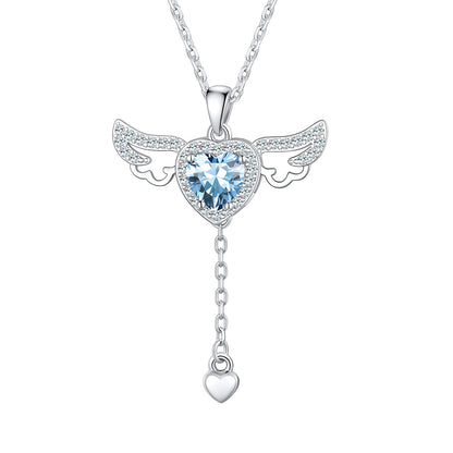 Sterling Silver Cupid Heart Birthstone Necklace With Angel Wings