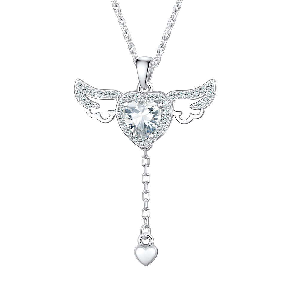 Sterling Silver Cupid Heart Birthstone Necklace With Angel Wings