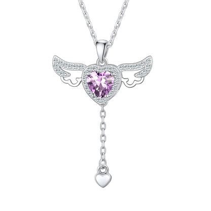 Sterling Silver Cupid Heart Birthstone Necklace With Angel Wings