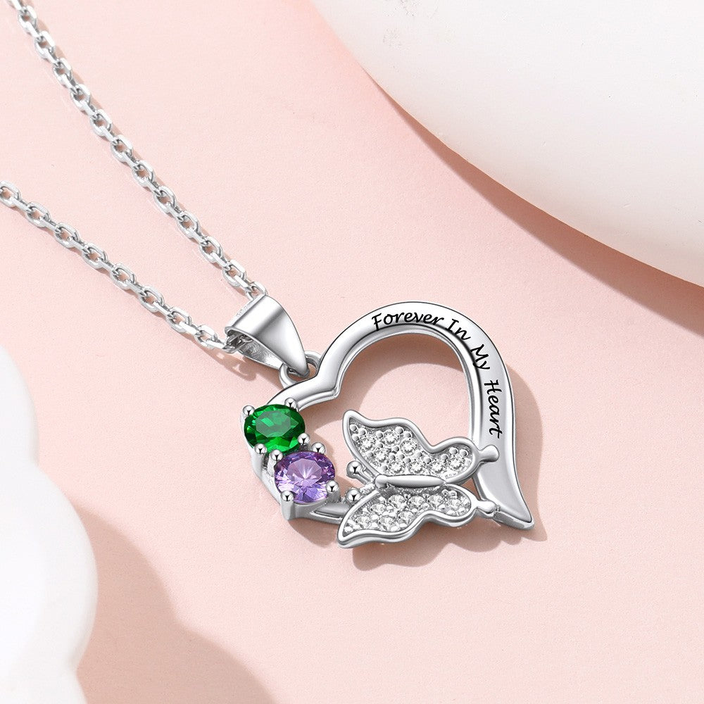 Personalized Birthstone Butterfly Heart Necklace for Women