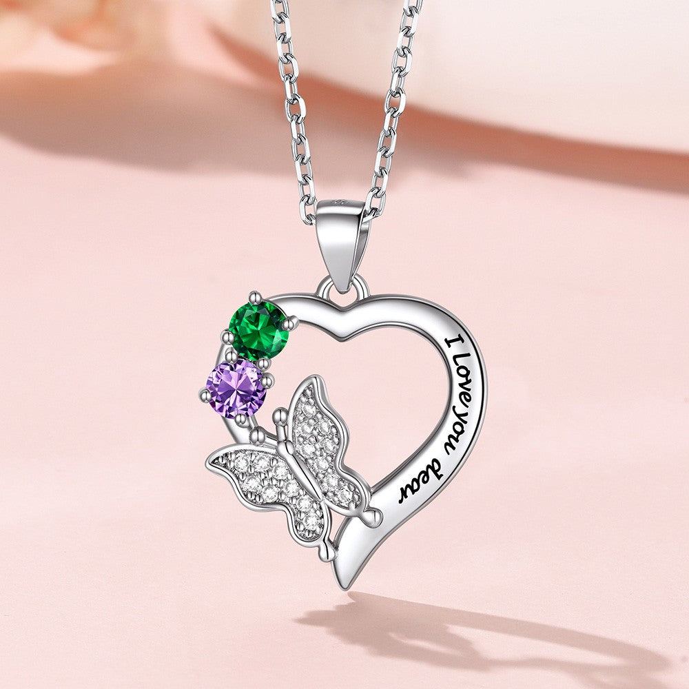 Personalized Birthstone Butterfly Heart Necklace for Women