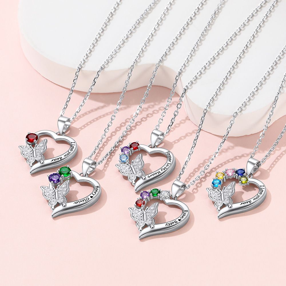 Personalized Birthstone Butterfly Heart Necklace for Women