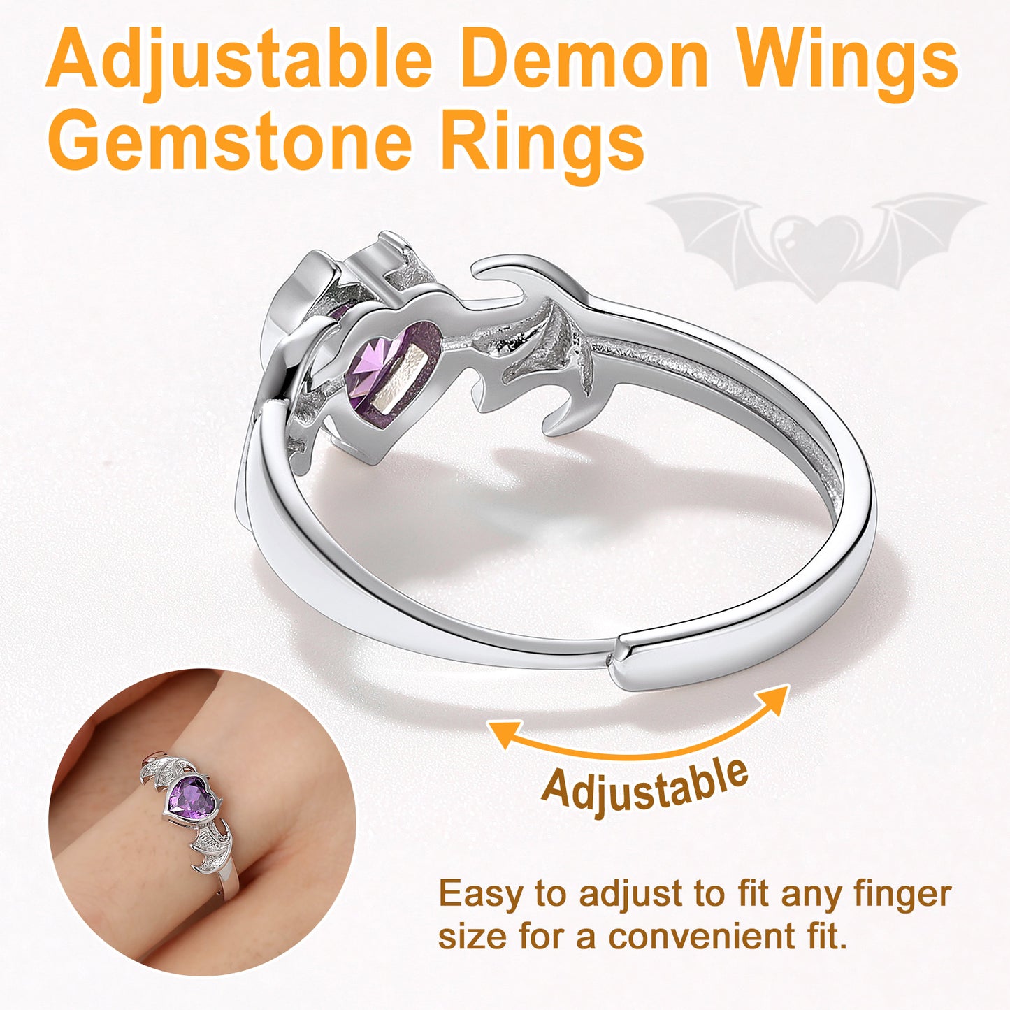 Sterling Silver Adjustable Angel Wing Heart Birthstone Rings For Women