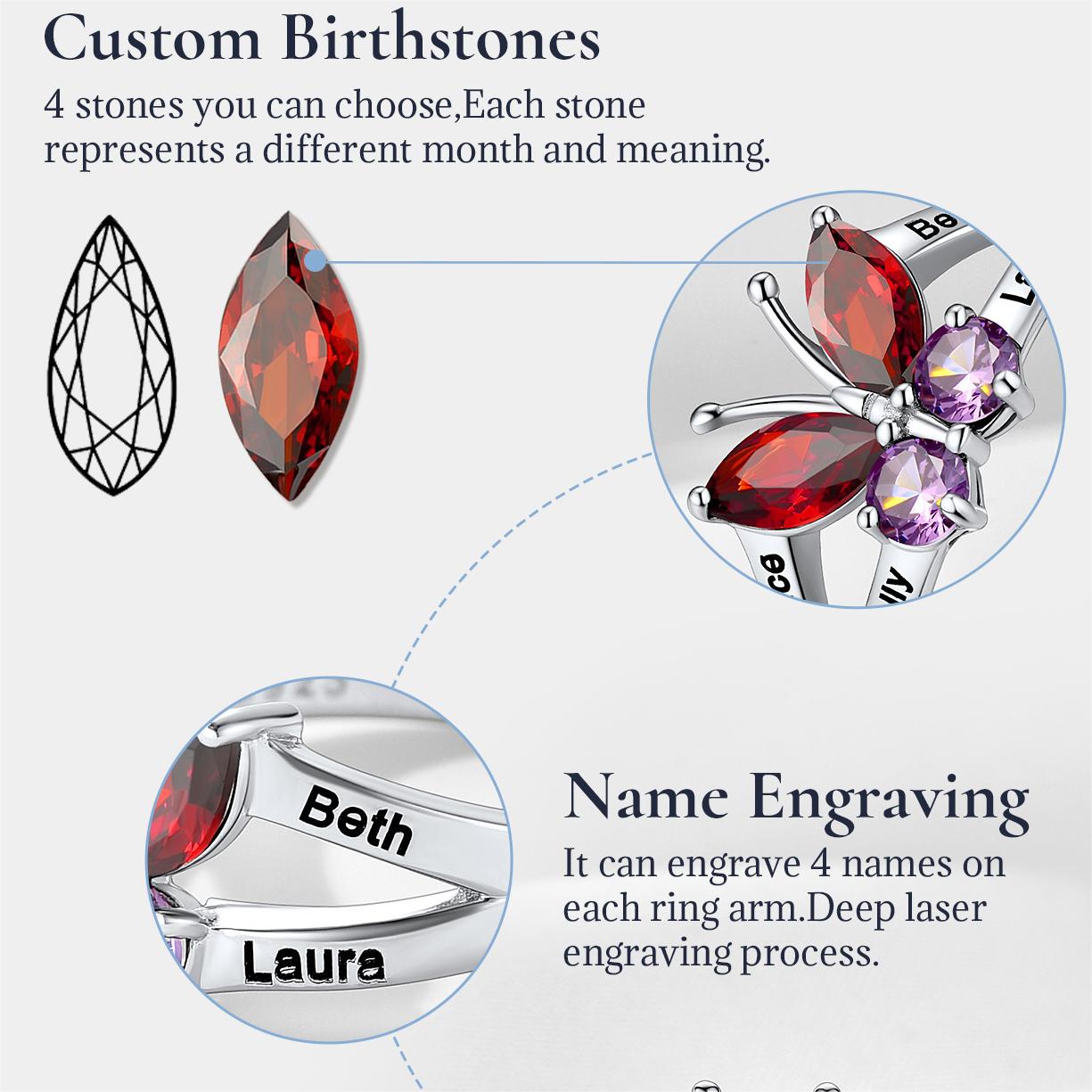 Custom Names Butterfly Birthstones Ring for Women