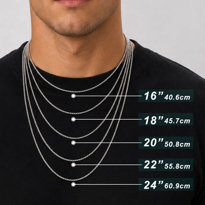 A close-up of a man wearing layered silver chain necklaces over a black shirt, with overlaid size labels showing recommended lengths for women's and men's necklaces.