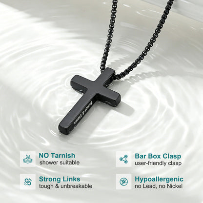 Black cross pendant necklace on a white background with product features listed.