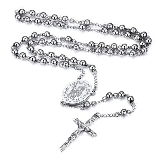 Saint Christopher Rosary Beads Necklace with Cross