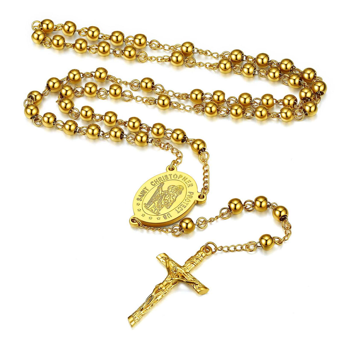 Saint Christopher Rosary Beads Necklace with Cross Gold Plated