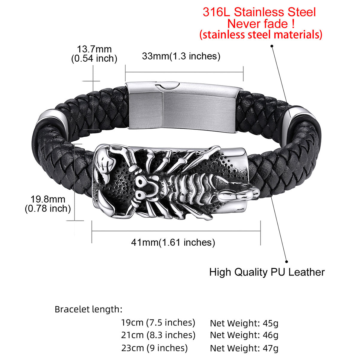 Scorpion Leather Braided Bracelet: Dimension, Durable, Solid