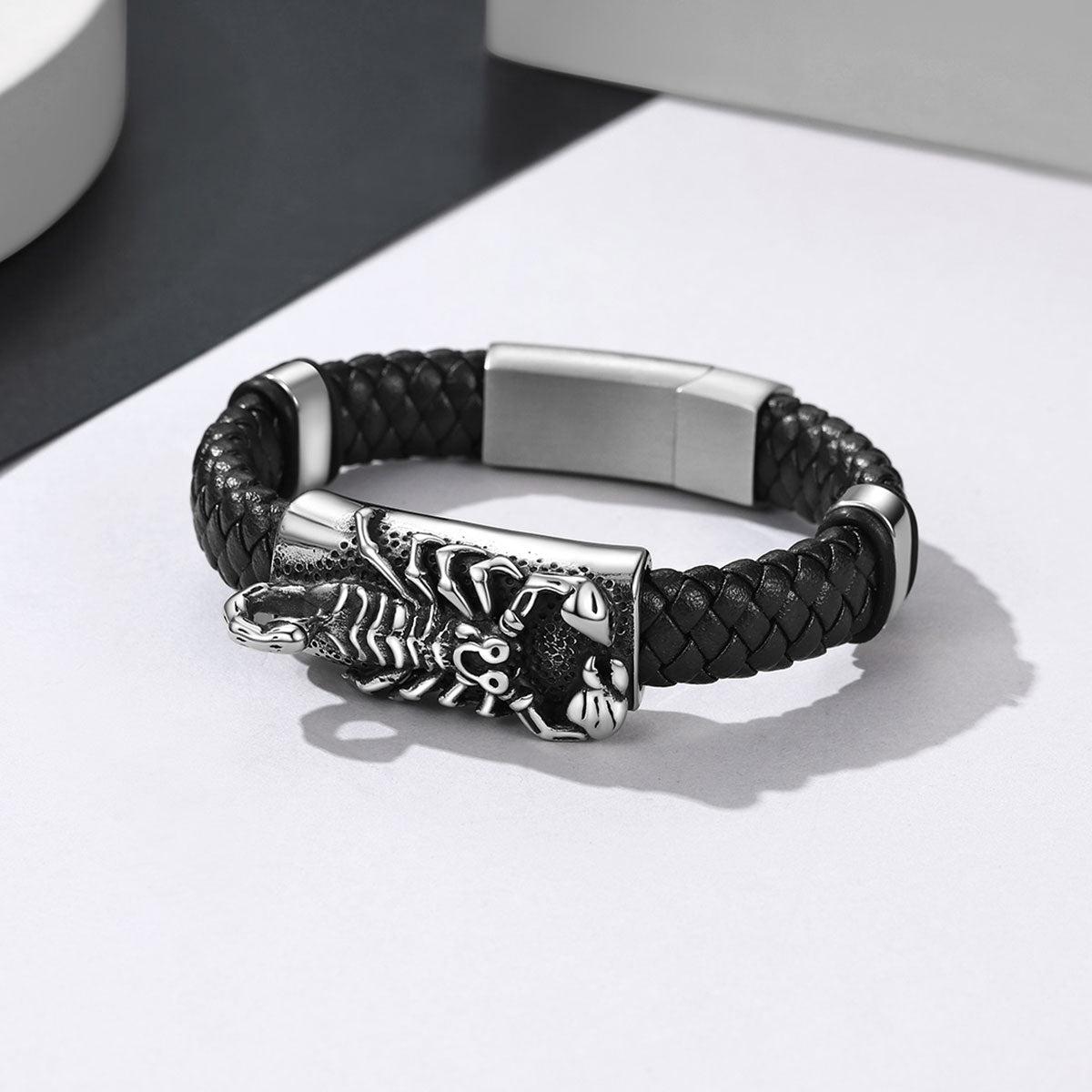 Scorpion Leather Braided Bracelet Stainless Steel