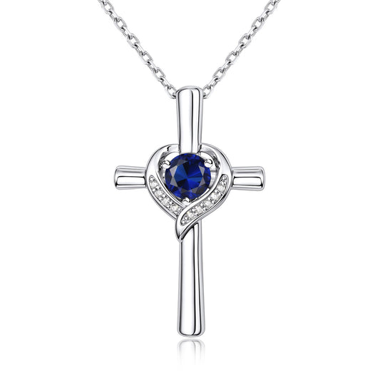 September Birthstone Cross Necklace For Women on a white background
