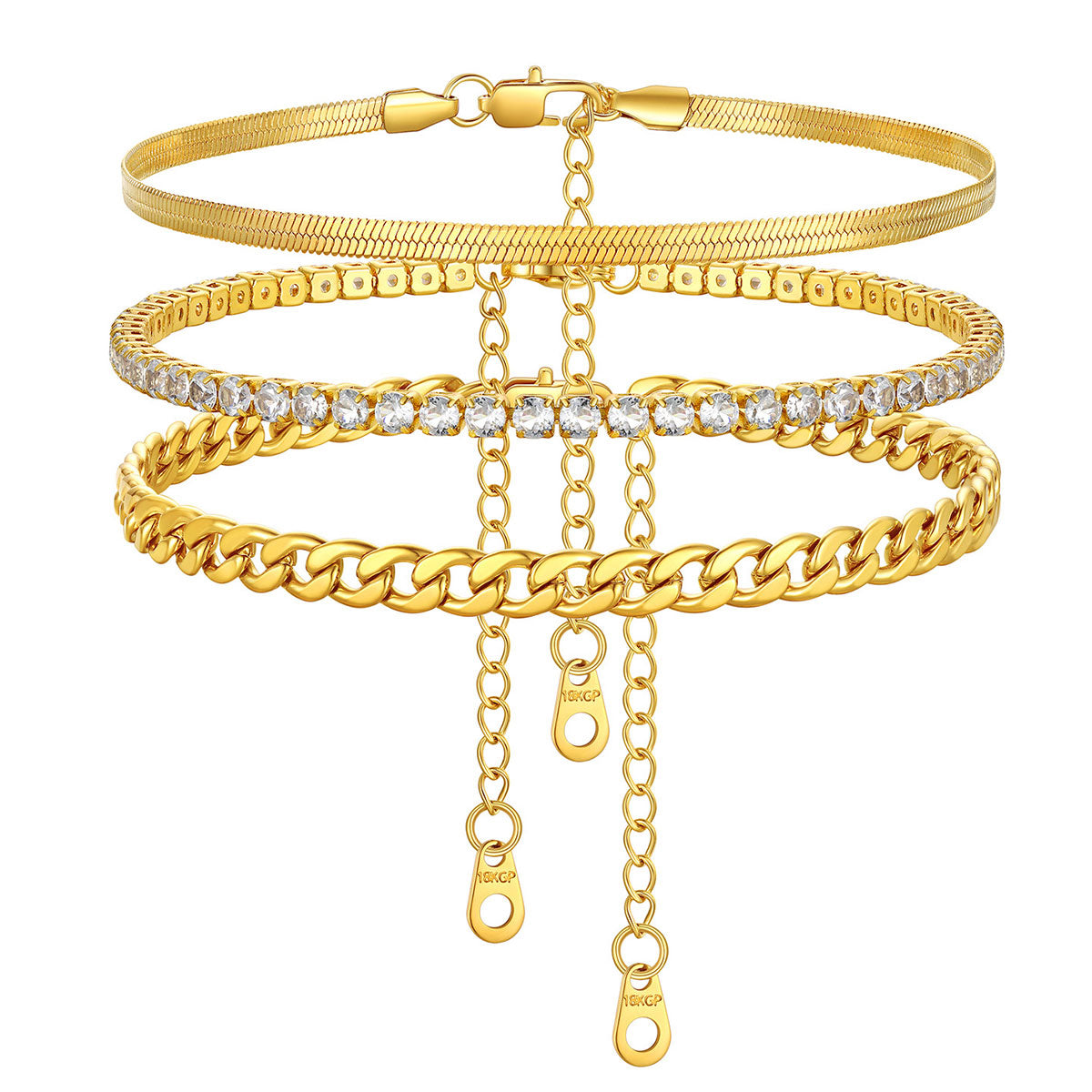 Set of gold anklet  bracelets with various designs on a white background