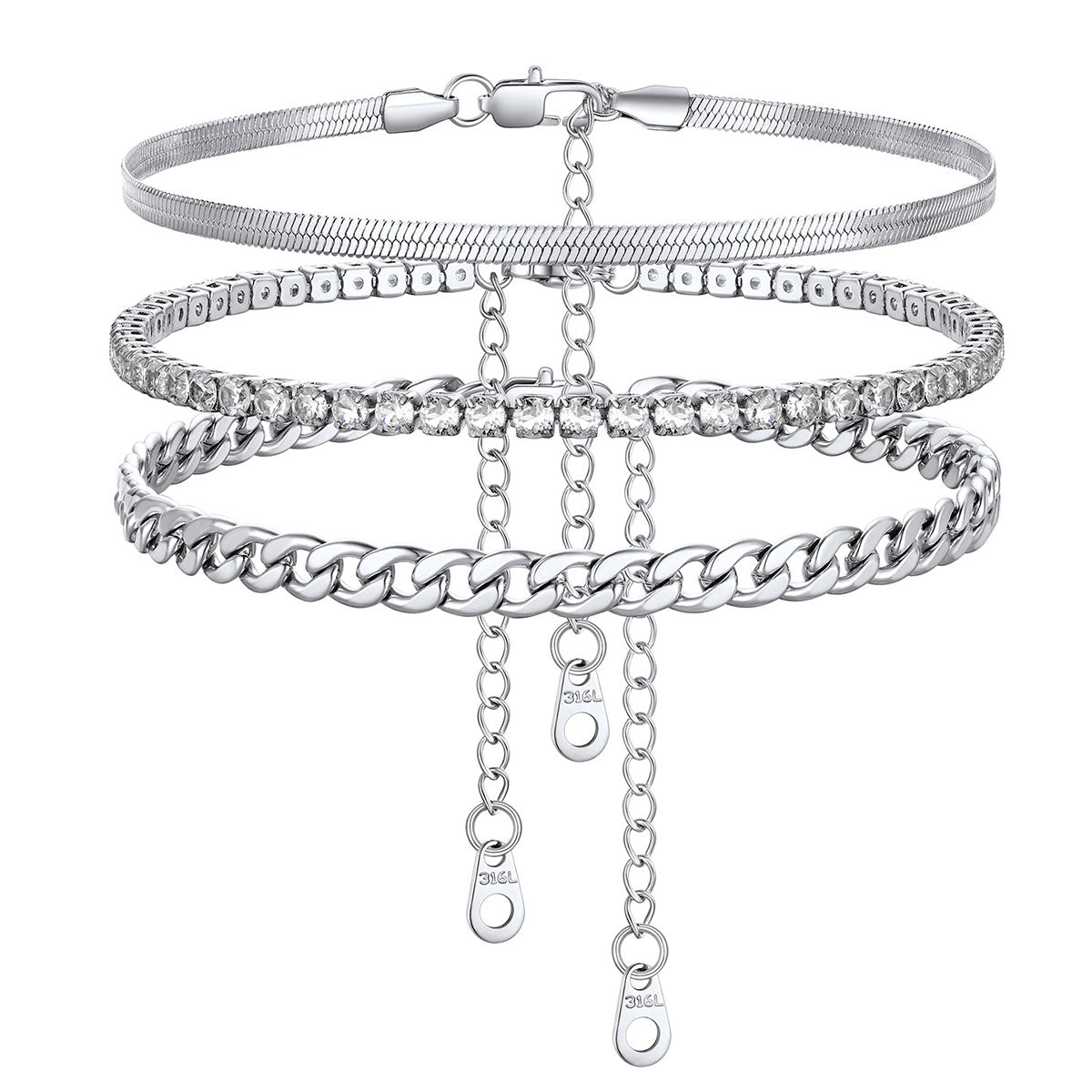 Set of silver bracelets with various designs on a white background