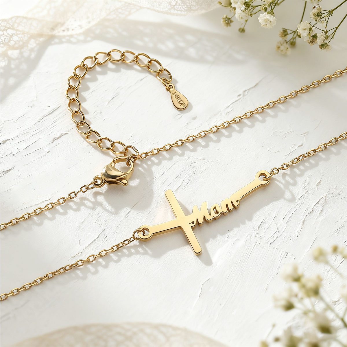 Sideways Cross Mom Necklace Gold Plated