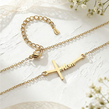 Sideways Cross Mom Necklace Gold Plated