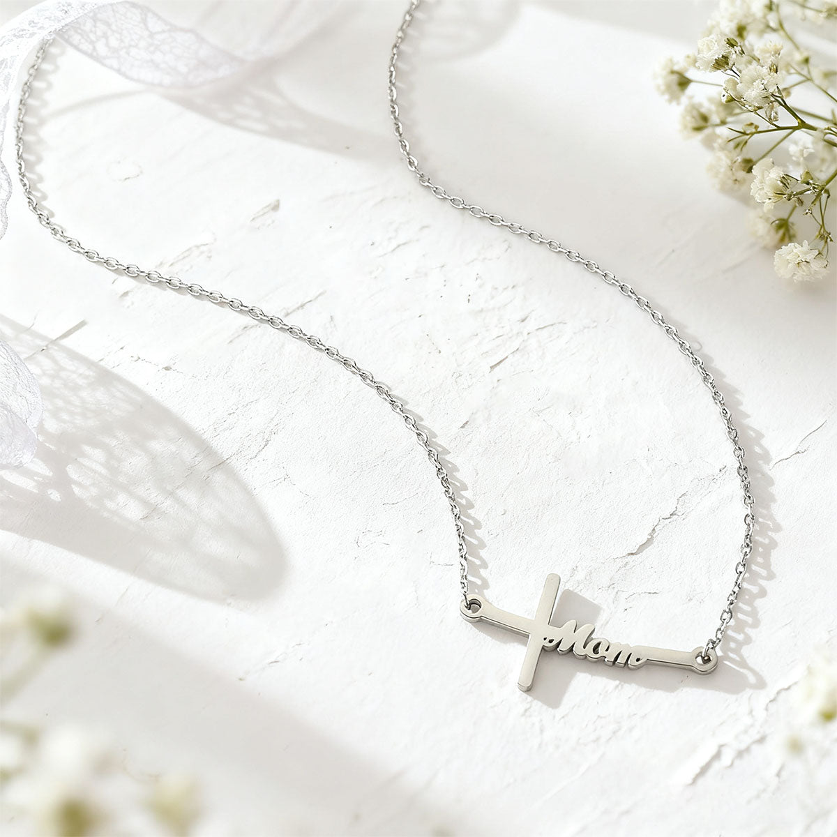 
Sideways Cross Mom Necklace Silver
