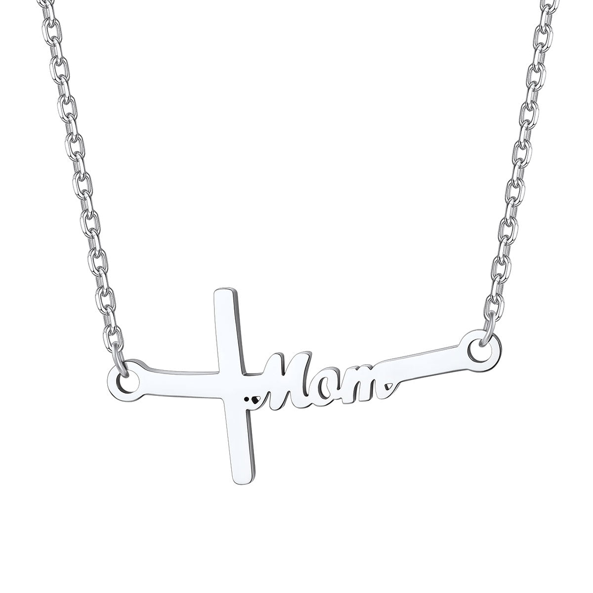  Sideways Cross Mom Necklace in Silver