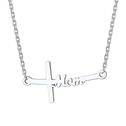  Sideways Cross Mom Necklace in Silver