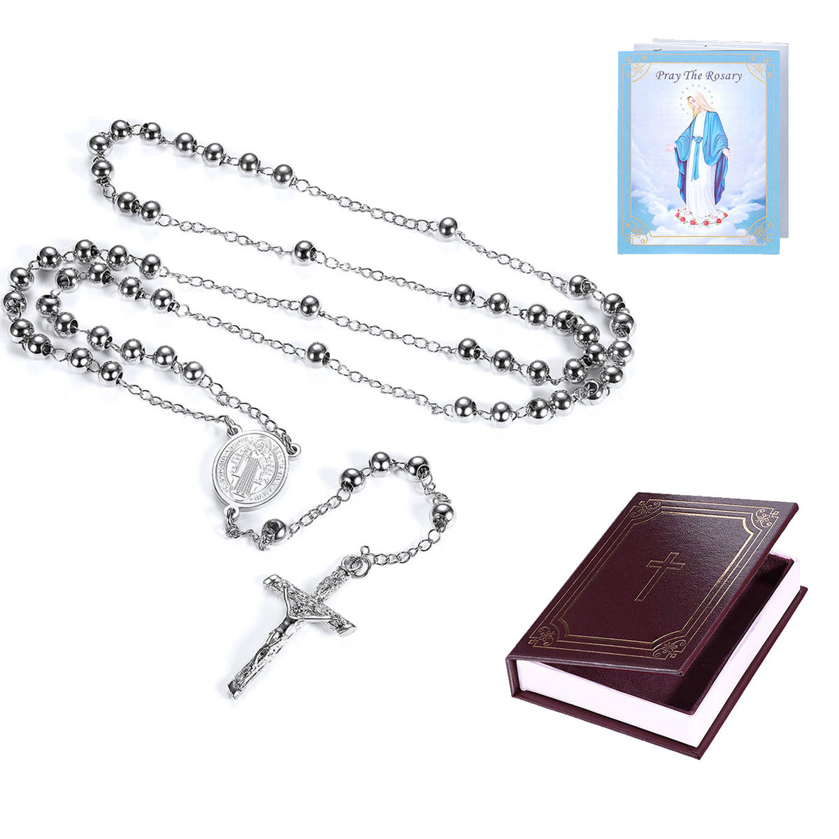 Silver-tone metal rosary with a crucifix and medallion, shown with a small prayer book and a devotional card on a white background.